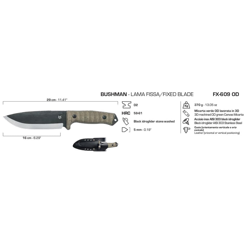 Fox Knives Bushman naprawił nóż ostrza D2 Strvival Combat Micarta uchwyt