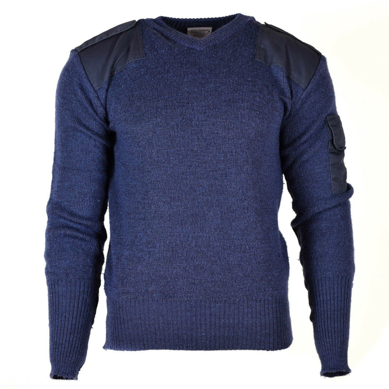 Oryginalny brytyjski pullover v-de-deck komandos sweter wełniany niebieski szary