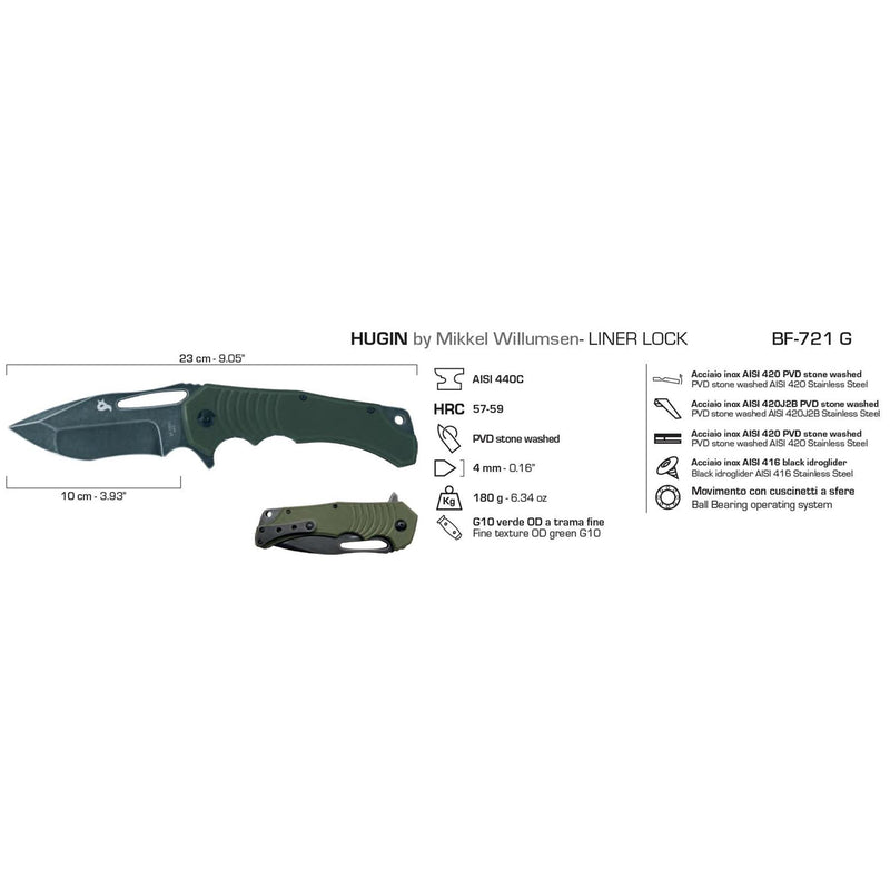 Fox Knives Hugin Pocket Knife Green G10 Rączka 440C Stalowa krawędź czarne ostrze